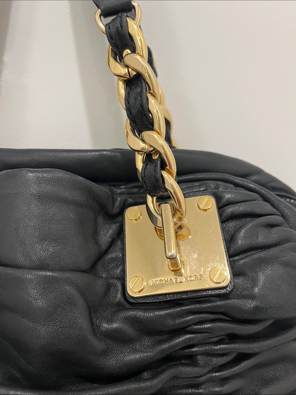 Michael Kors Black Ruched Leather Shoulder Bag with Gold Accents-Edgy Elegance - Picture 3 of 9